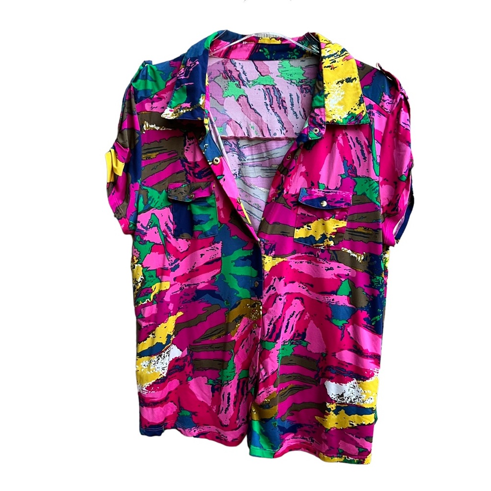 BCBG Vintage Snap Front Multicolor Tap Shoulder Breast Pockets Top Medium
